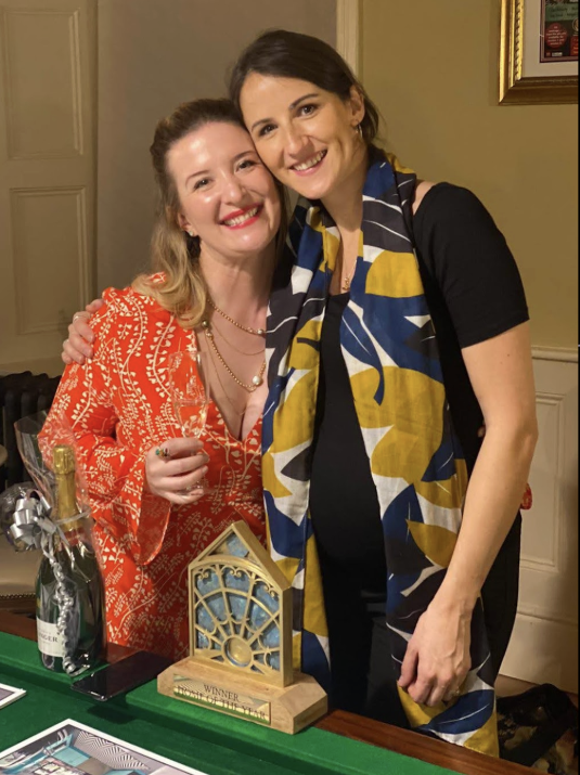 Jenny and Kate on the night of RTÉ Home of the Year 2021, with the winner's trophy.