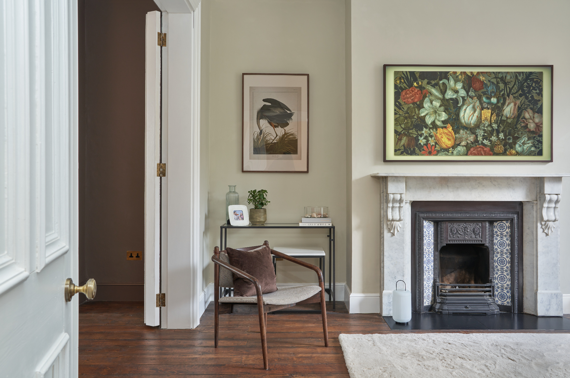 Elegant period living room with marble fireplace